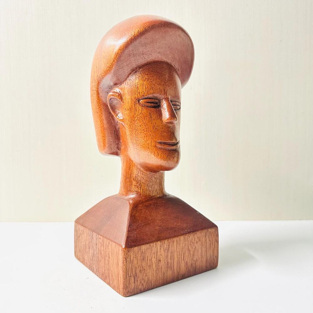 Vintage Wood Male Man Bust Hand Carved Sculpture Figurine Artist Signed